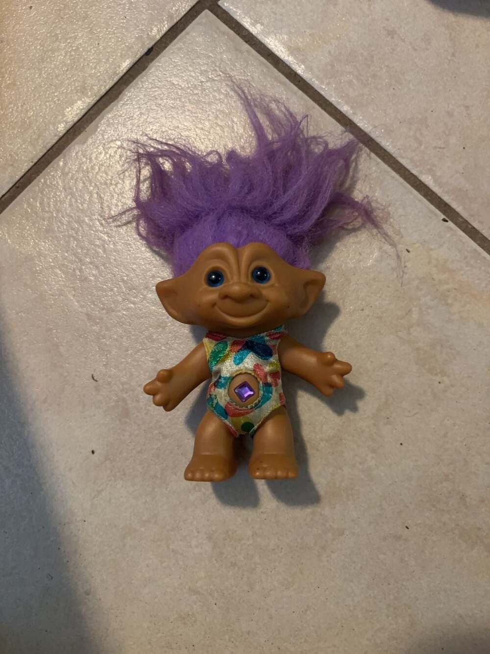 Vintage Russ Berrie Troll Doll with Purple Hair and Jewel Belly